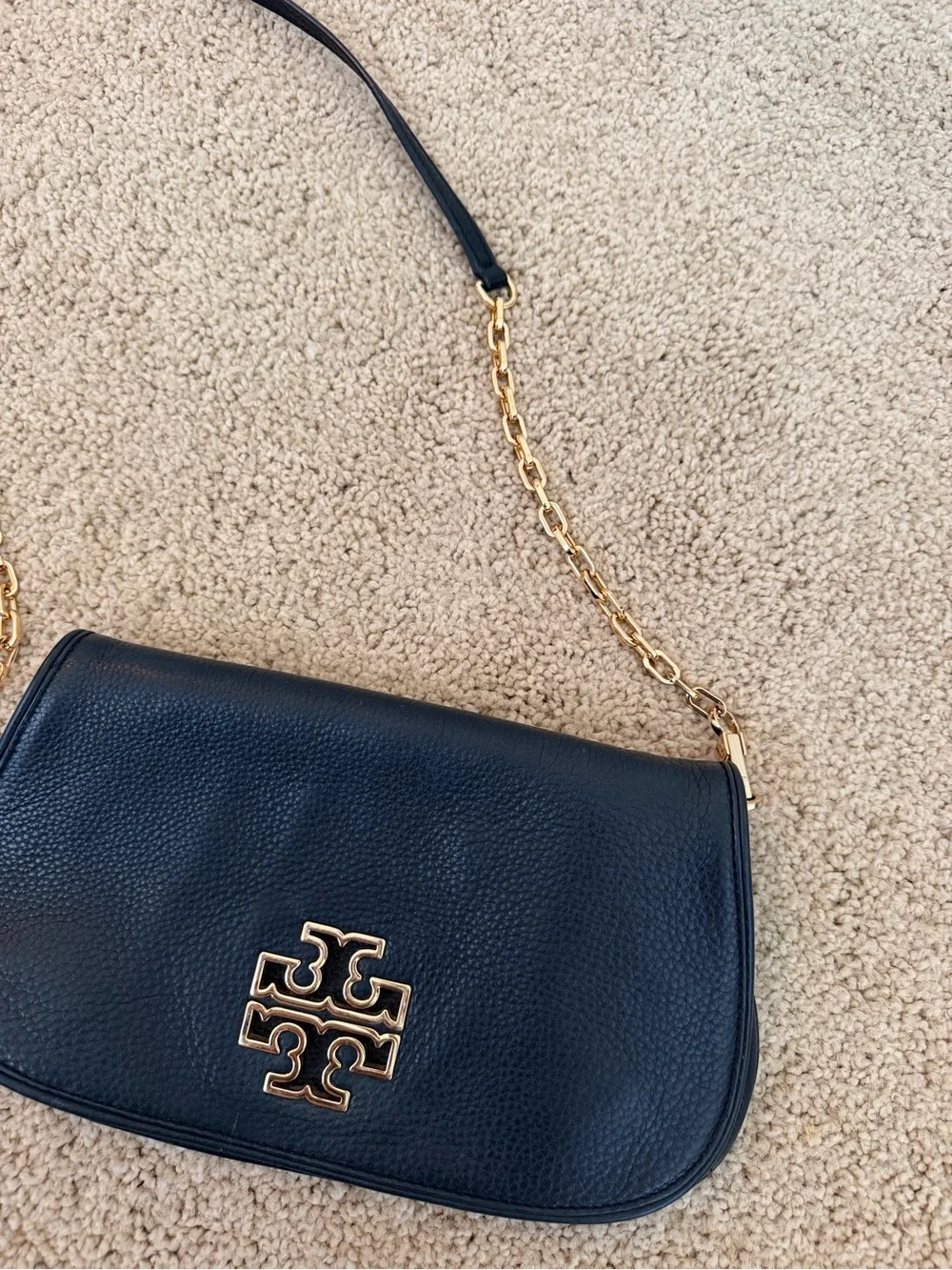 Tory Burch Black Leather Crossbody Bag with Gold Logo and Chain